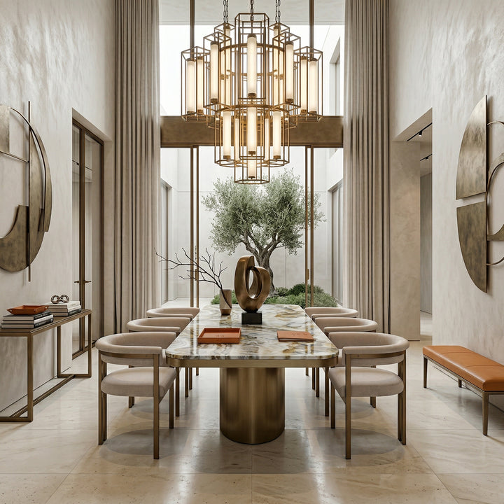 Beige Sheikh dining chair with smooth upholstery, shown alongside a rectangular marble dining table in a modern dining room setting.