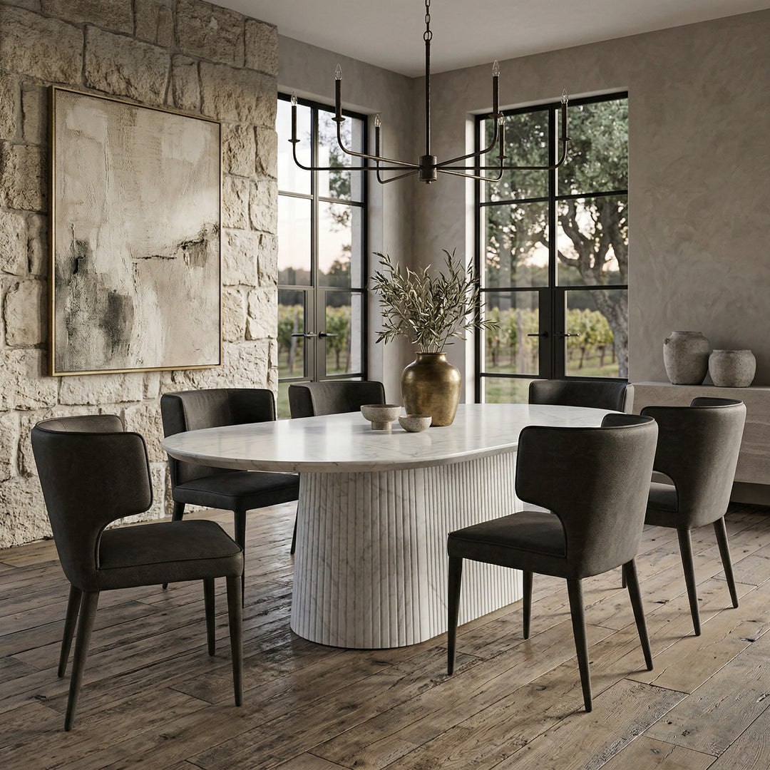 Portofino dining chair in mottled grey leather-look upholstery, showcasing a modern design with a sleek, comfortable appearance.