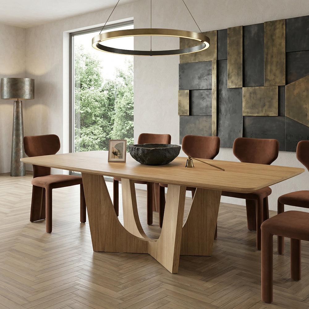 Rectangular oak Vogue dining table with 2.4m length paired with a matching dining chair, showcasing elegant wood grain and smooth finish.