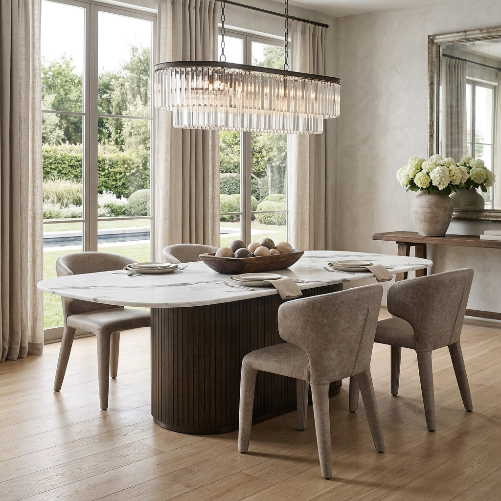 Rectangular Bocelli dining table made of travertine, 1.8 meters long, shown with a smooth stone surface for elegant dining spaces.