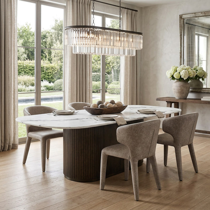 Rectangular Bocelli dining table made of travertine, 1.8 meters long, shown with a smooth stone surface for elegant dining spaces.