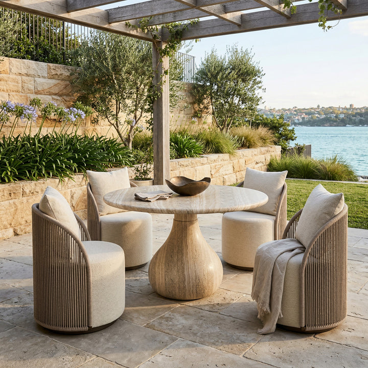 Round Aqua dining table with travertine finish, 1.2m, paired with four outdoor chairs in a modern patio setting.