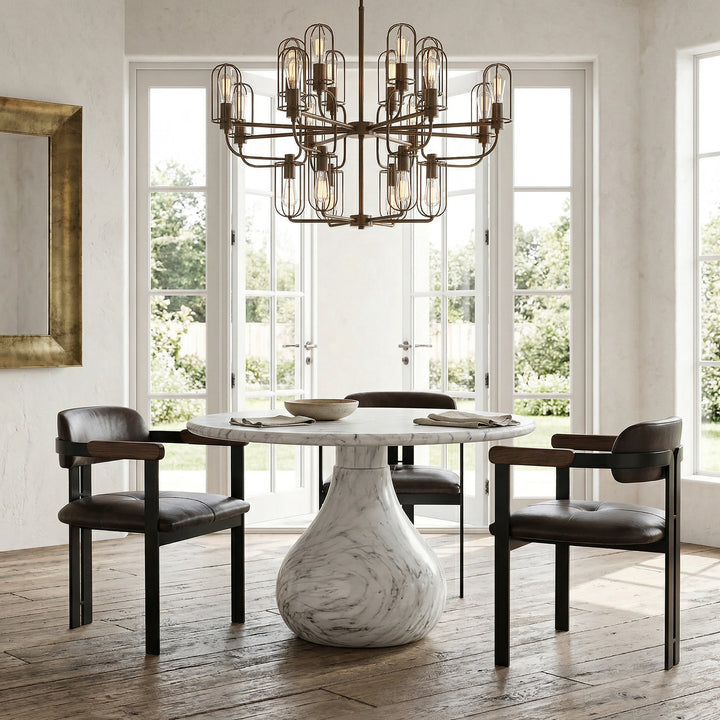 Aqua round dining table with a marble finish, 1.2 meters diameter, featuring a sleek black leather base for modern dining spaces.