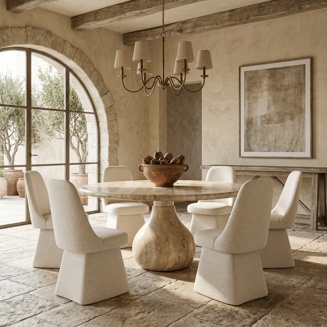 Round Aqua Dining Table with travertine finish, 1.5m diameter, paired with modern dining chairs, ideal for contemporary dining spaces.