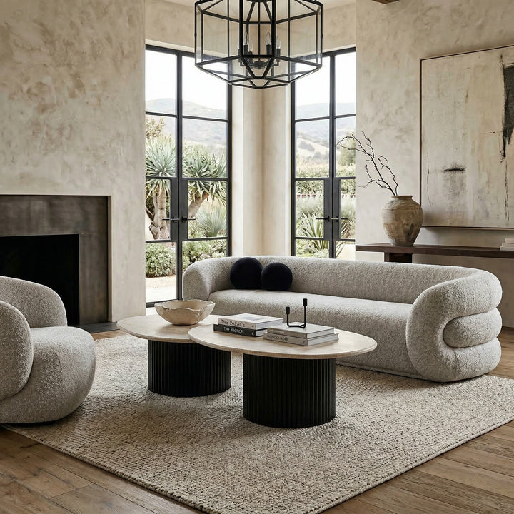 Modern Link Sofa in stylish fabric, shown with a matching chair in a contemporary living room setting.
