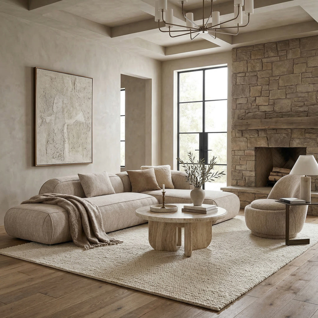 Clovelly Corner Sofa in fabric with matching chair, showcasing a modern, comfortable L-shaped sofa setup in a stylish living room.