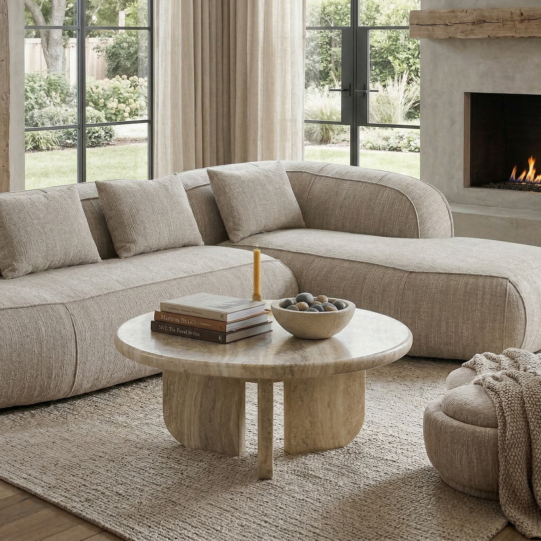 Italiano Coffee Table with travertine finish, showcasing a sleek, modern design in a contemporary living room setting.