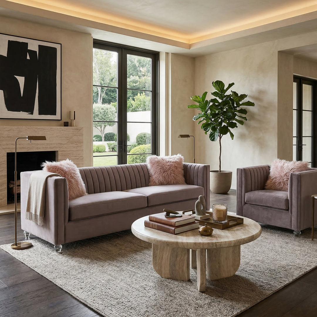 Italiano Coffee Table with Travertine finish, modern design, featuring a sleek surface and sturdy base, shown with matching sofa and chair.