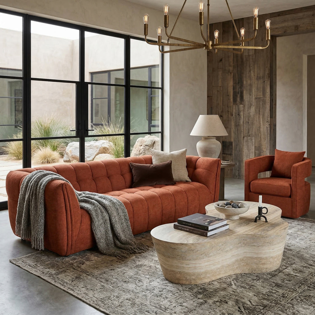 Wayva coffee table with travertine finish, showcasing a modern design with a smooth surface and sturdy legs.
