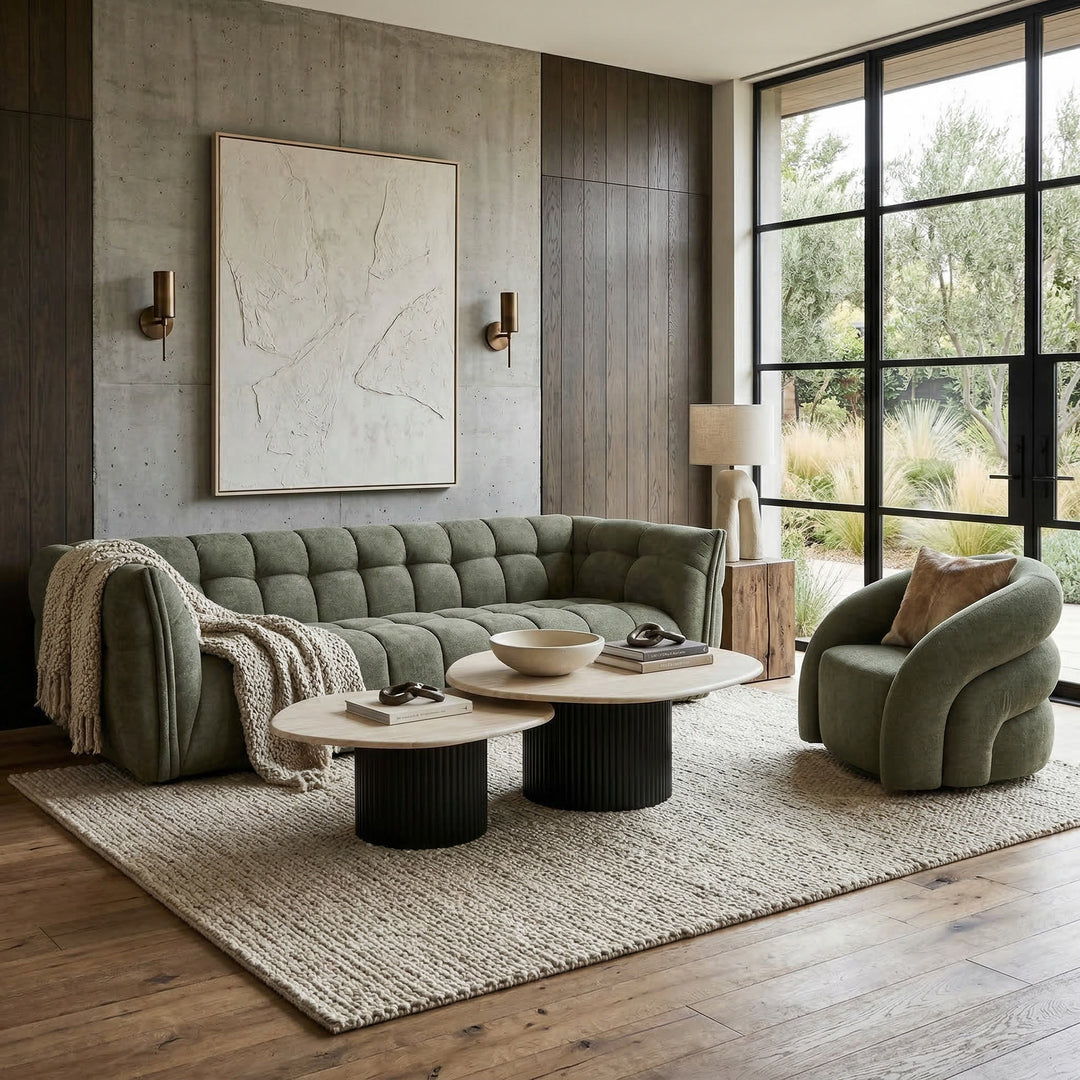 Moss green Avoca 3-seater sofa with plush fabric and cushioned armrests, designed for comfortable seating in modern living rooms.
