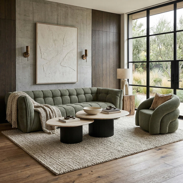 Moss green Avoca 3-seater sofa with plush fabric and cushioned armrests, designed for comfortable seating in modern living rooms.