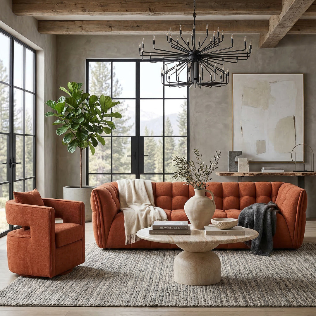 Rust-colored Avoca 3-seater sofa with plush cushions, featuring a cozy, modern design perfect for living room comfort.