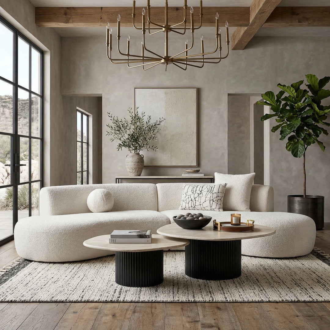 Eleganza curved sofa in fabric, showing plush cushions and modern design, perfect for stylish living room seating.