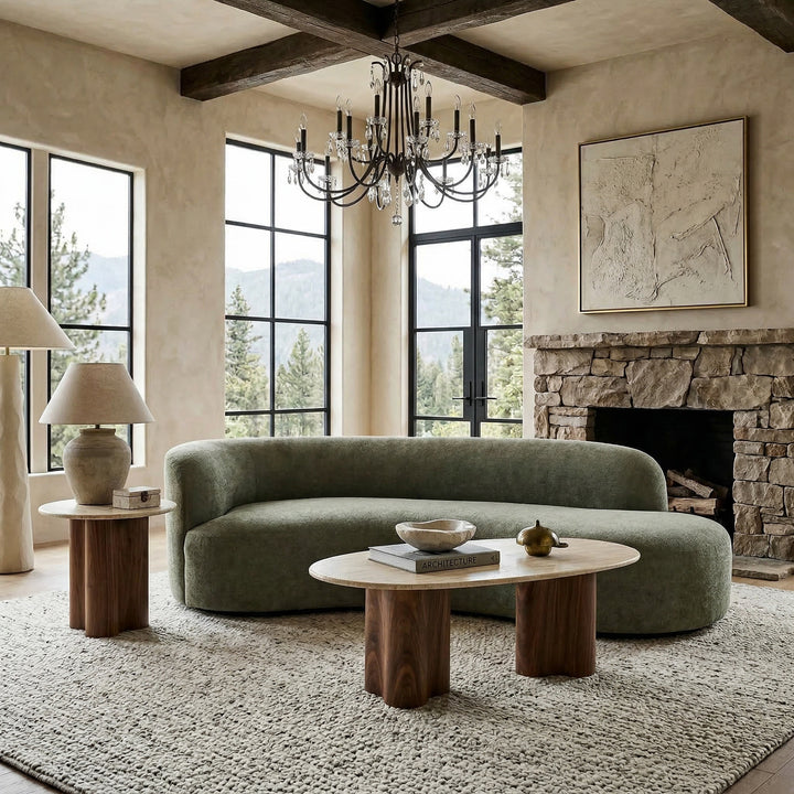 Moss green Fabrizio sofa with plush cushions and modern design, shown in a stylish living room setting.
