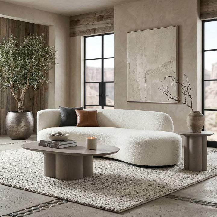 Fabrizio Boucle Sofa in white boucle fabric with plush cushions and modern design, ideal for contemporary living rooms.