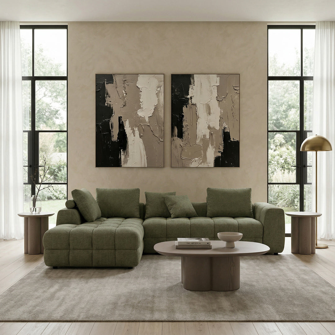 Luxurious moss green modular sofa in a contemporary living room, featuring plush cushions and sleek design.