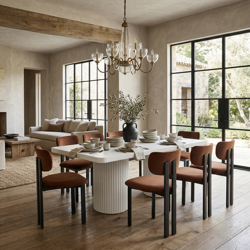 White Bondi Rectangle Dining Table, 2.2m, with two bases, showcasing a sleek modern design in a dining room setting.
