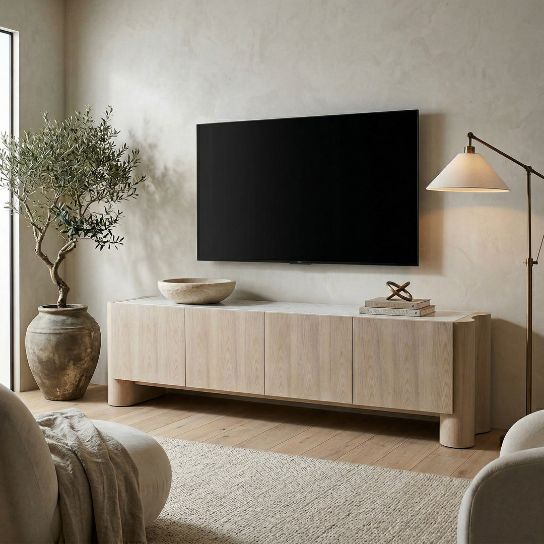 White washed oak TV unit from Elegante Entertainment Units collection, featuring a sleek design with open shelving for living room.