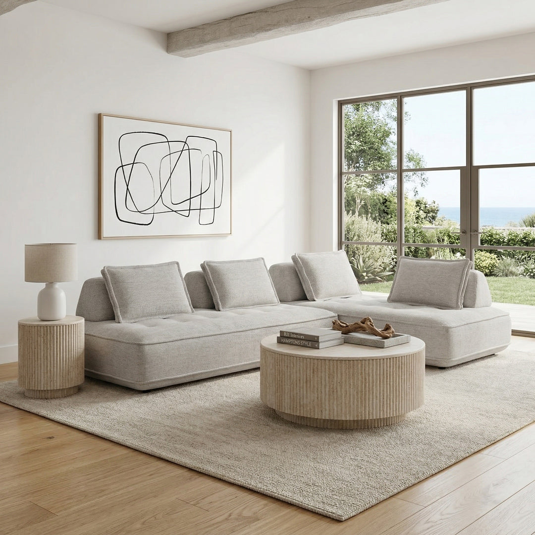 Two-piece Cozy Modular Sofa in neutral fabric, featuring plush cushions and modern design for comfortable living spaces.