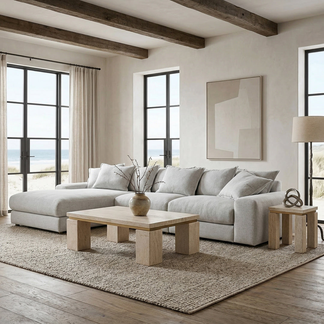 Nano banana-colored corner sofa in modular design, featuring plush cushions and a contemporary LHF sofa style.