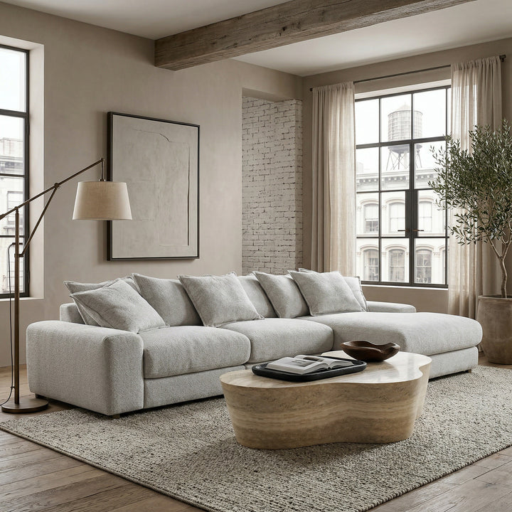 Nano banana-colored Snuggy Corner Sofa RHF in a modern modular design with plush fabric, shown in a close-up view.