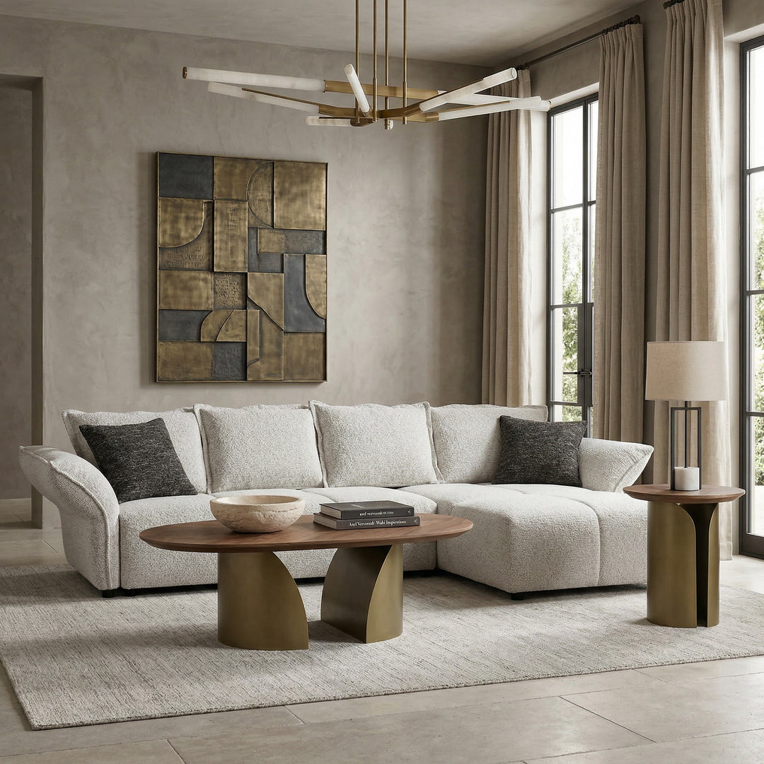 Modular Serenity Sofa in fabric with plush cushions, showcasing a contemporary design and neutral color, perfect for modern living rooms.