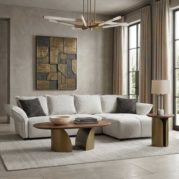 Bellissama coffee table with a sleek wooden top and metal legs, placed in a modern living room setting.
