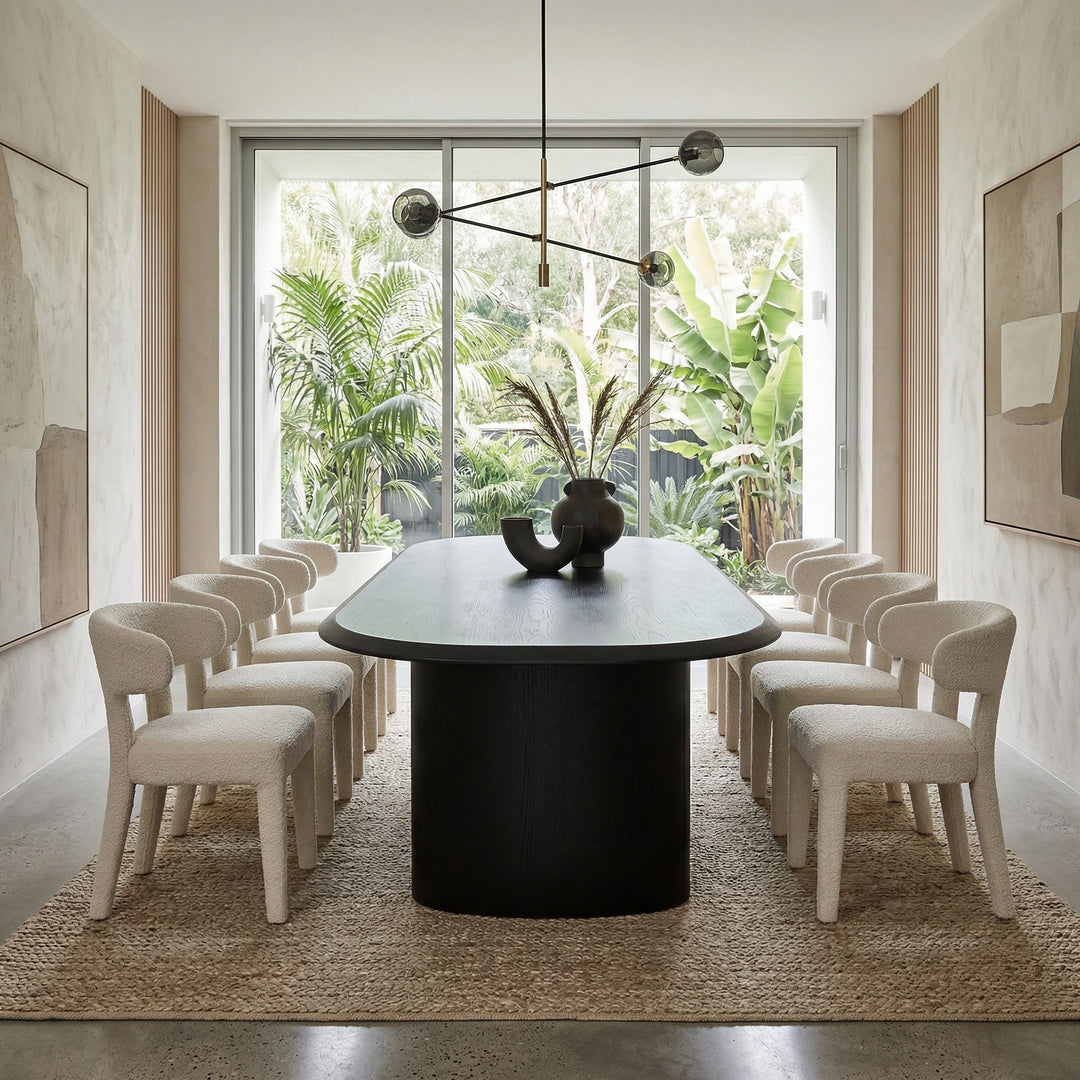 Black oak finish Bologna 3m dining table from Nano Banana, showing a sleek, modern design with a spacious tabletop for dining.