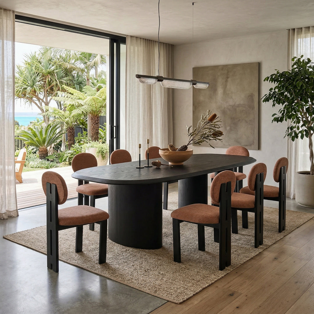 Black oak finish Bologna dining table, 3m length, with a sleek, modern design perfect for large dining rooms.