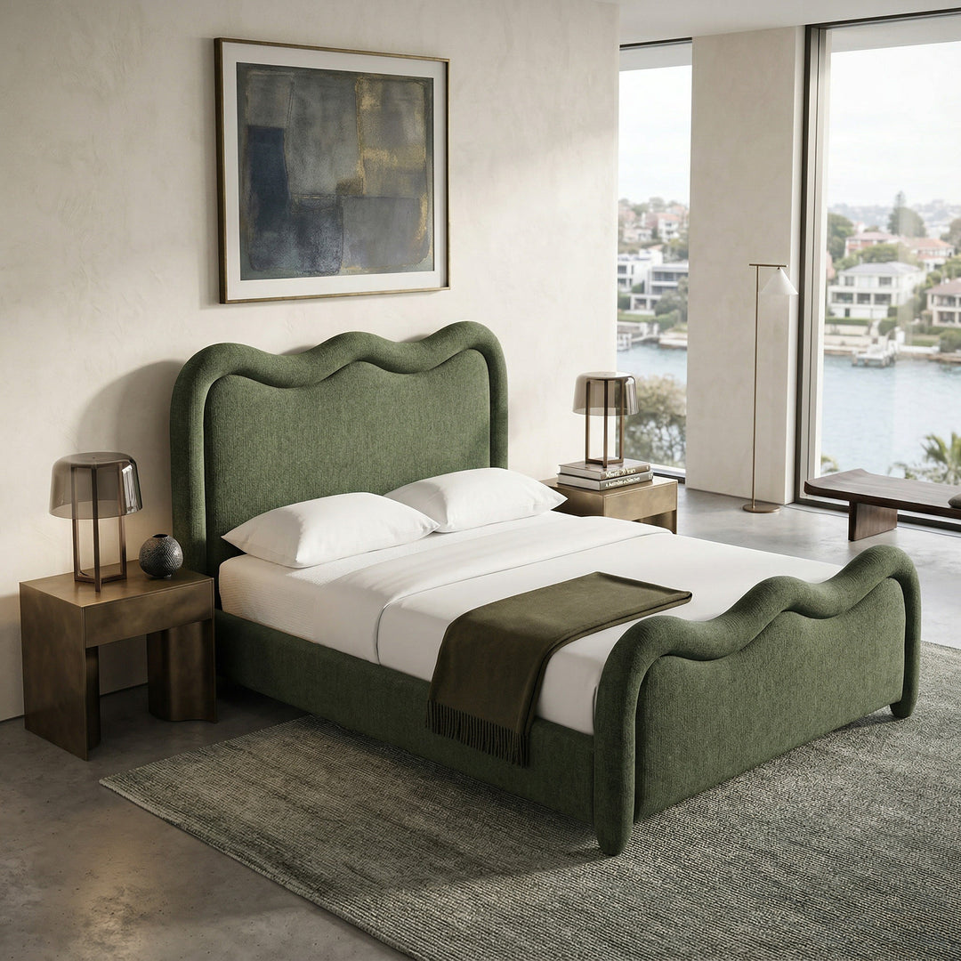 Queen size Eden King Bed in Forrest Green shown in a cozy bedroom setting with wooden furniture and soft lighting.