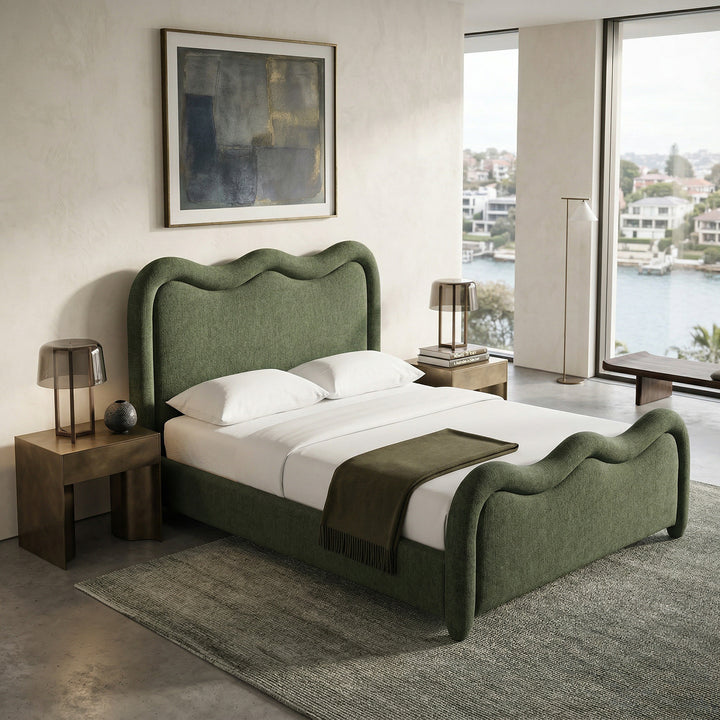 Queen size Eden King Bed in Forrest Green shown in a cozy bedroom setting with wooden furniture and soft lighting.