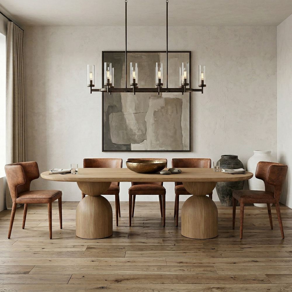 Oak Tulip Oval Dining Table, 2.8m, with five matching dining chairs, showcasing a sleek modern design in a contemporary dining room setting.