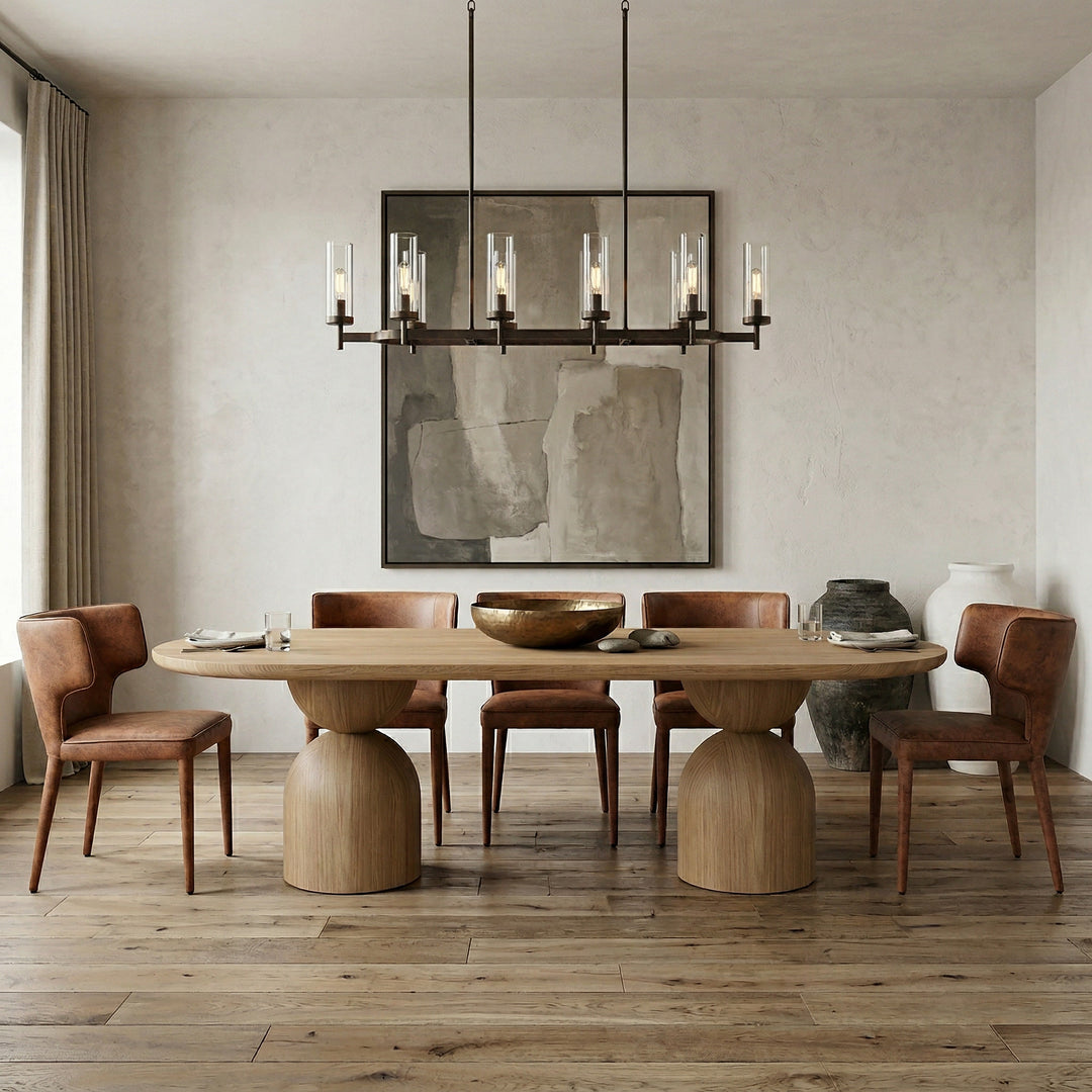 Oak Tulip Oval Dining Table, 2.8m, with five matching dining chairs, showcasing a sleek modern design in a contemporary dining room setting.