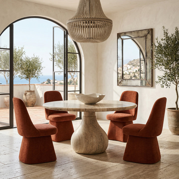 Round travertine finish dining table with 1.2m diameter, shown with matching chairs in a modern dining room setting.