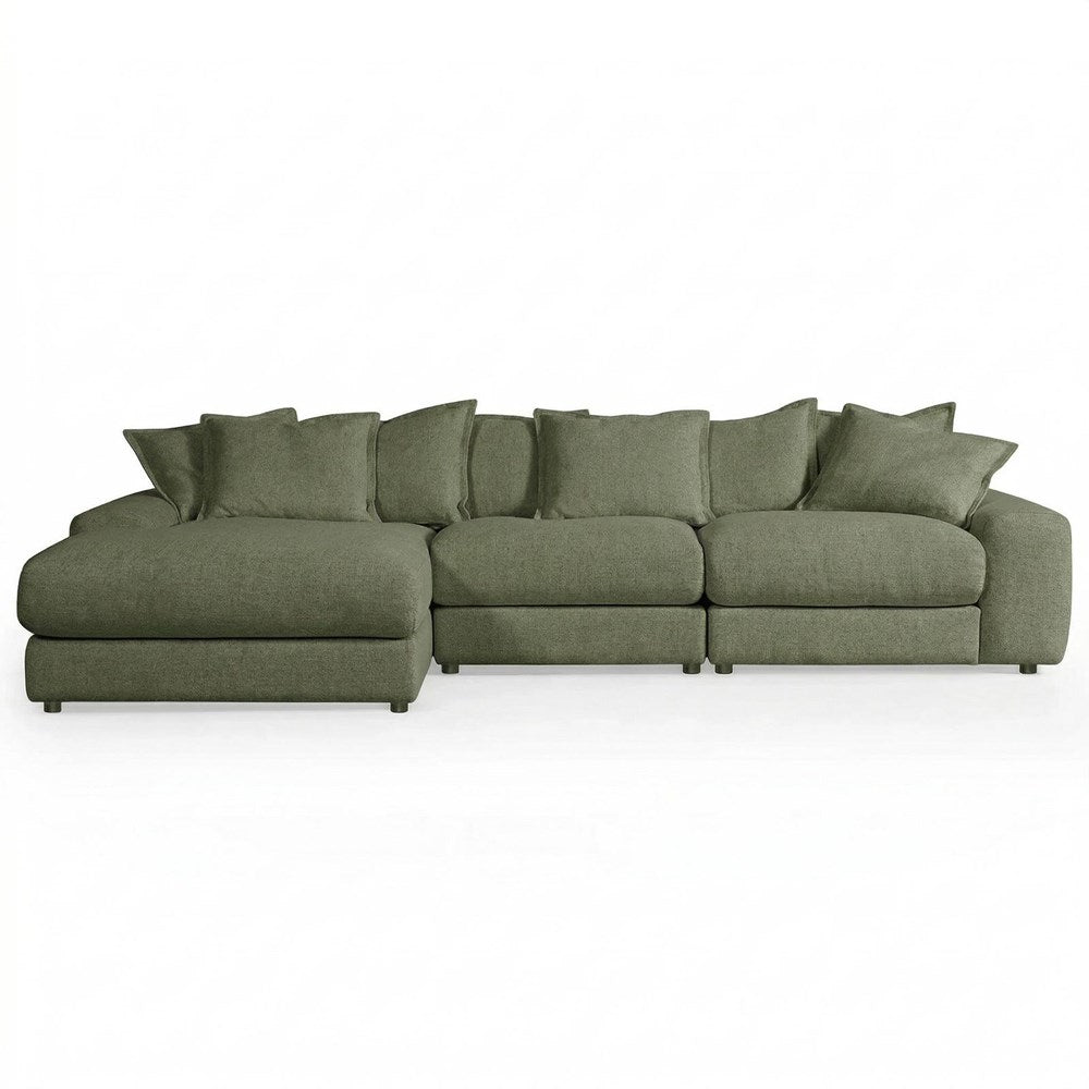 Moss green Snuggy corner sofa in LHF configuration, featuring plush cushions and modern design for cozy living room seating.