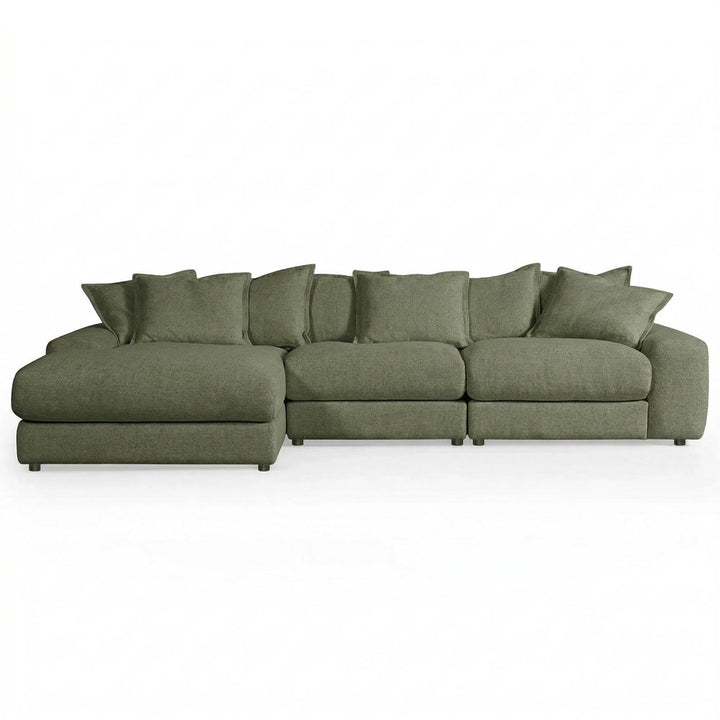 Moss green Snuggy corner sofa in LHF configuration, featuring plush cushions and modern design for cozy living room seating.