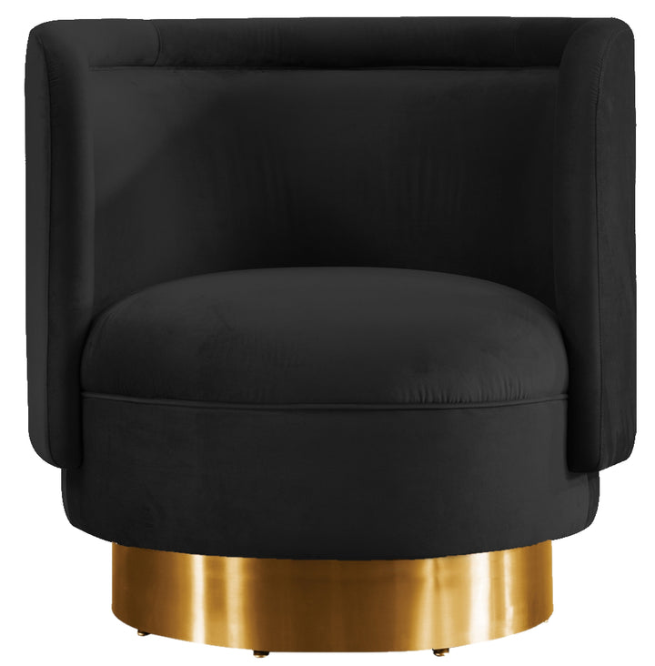 Black velvet Bismarque swivel chair with a modern design, featuring a rounded seat and sleek metal base for stylish comfort.